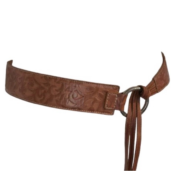 Harold’s Leather Brown Belt Fringe Brown Embossed Tooled Floral Boho Vintage SM - Picture 2 of 11